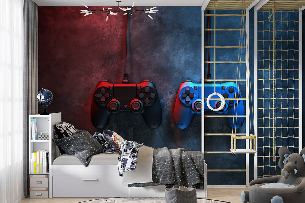 A blue and red video game controllers A blue and red video game controllers