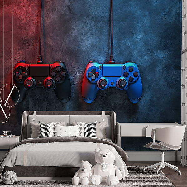 Un mando de videojuegos azul y rojo Un mando de videojuegos azul y rojo