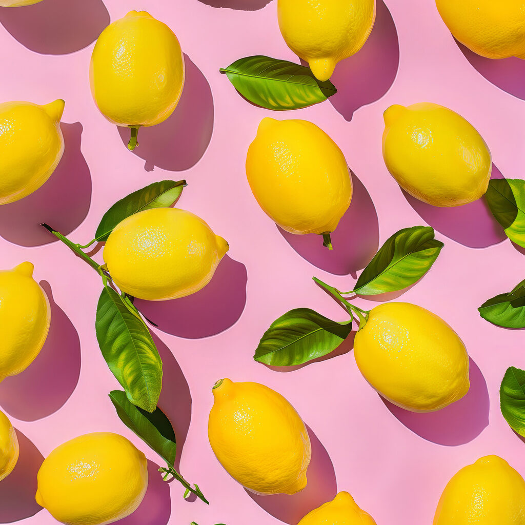 A group of lemons with leaves on a pink surface