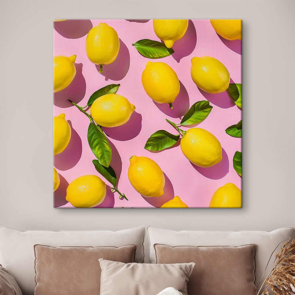 A group of lemons with leaves on a pink surface