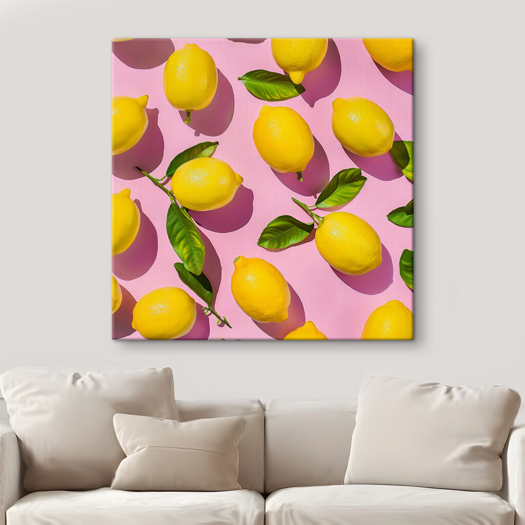 A group of lemons with leaves on a pink surface
