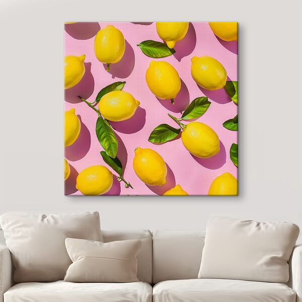 A group of lemons with leaves on a pink surface