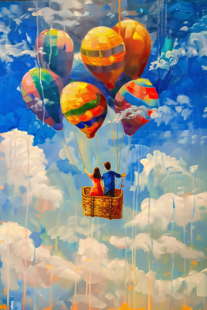 A painting of a couple in a basket on hot air balloons