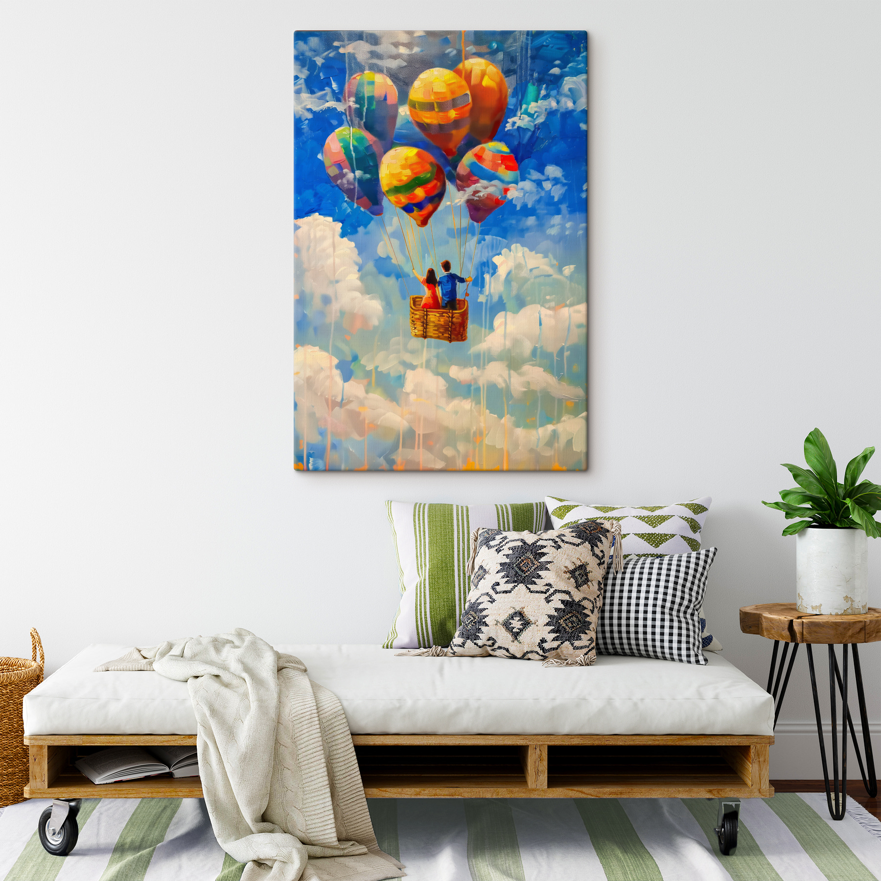 A painting of a couple in a basket on hot air balloons