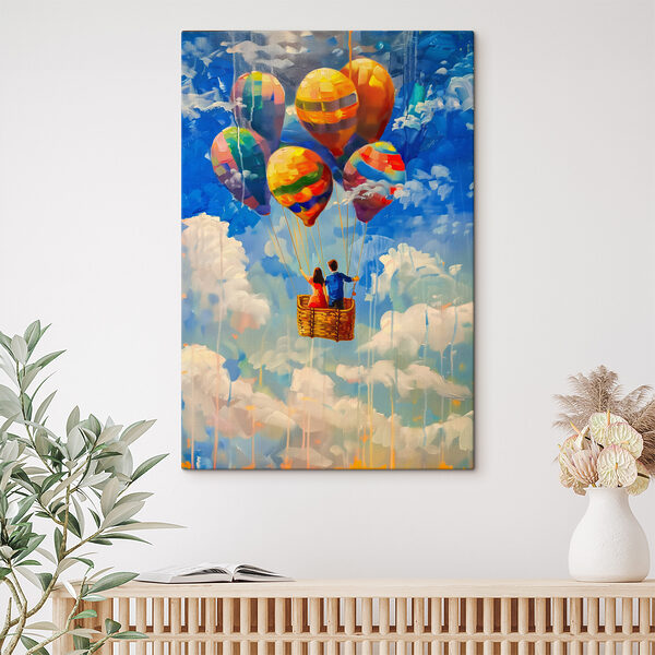 A painting of a couple in a basket on hot air balloons
