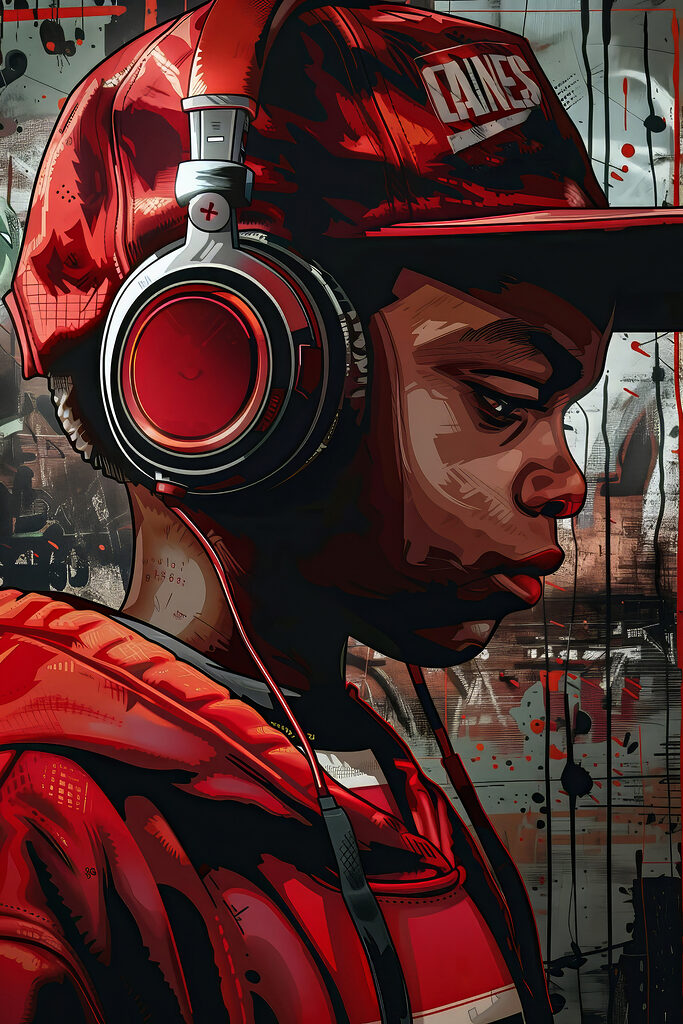 A boy wearing headphones and red hat