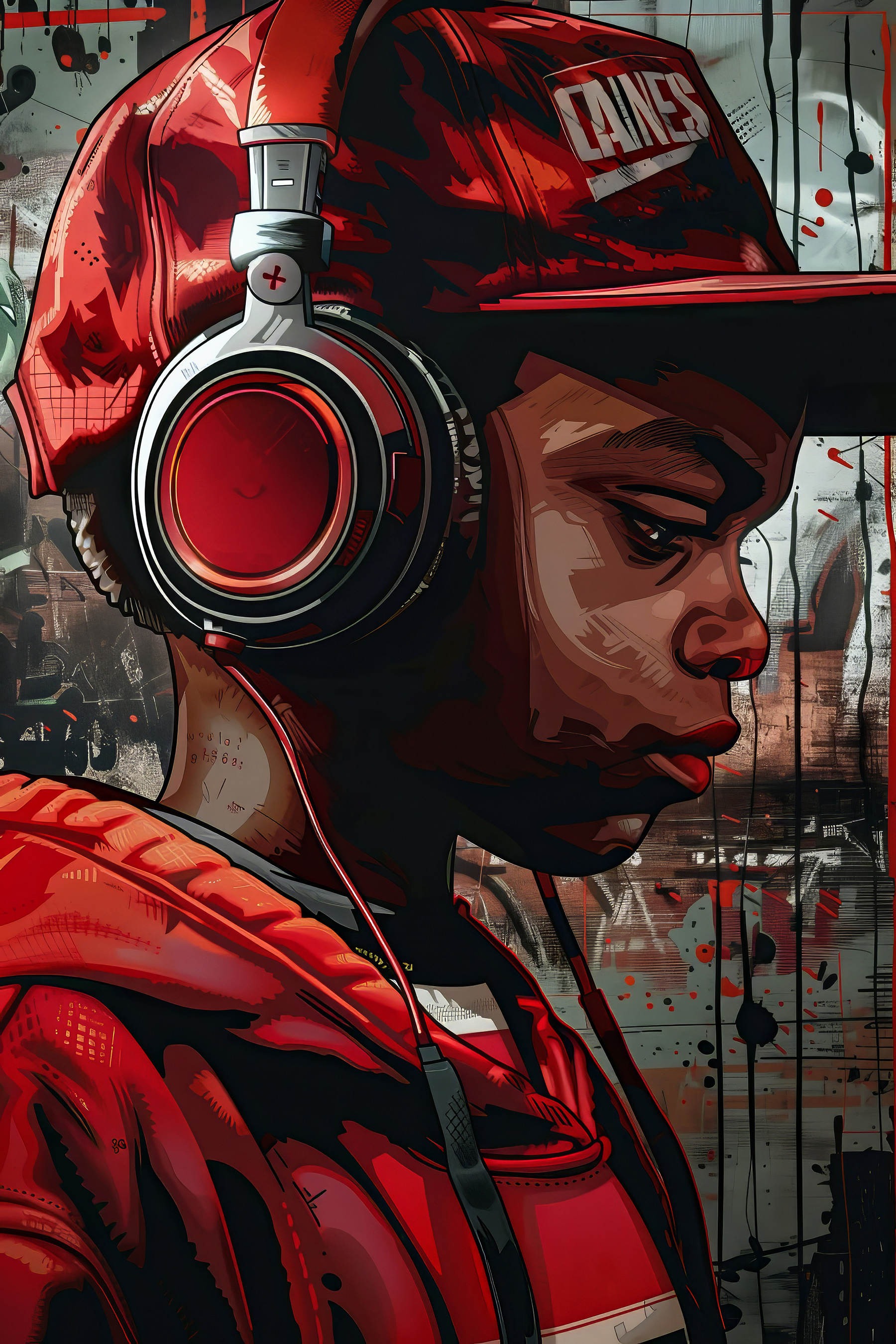 A boy wearing headphones and red hat