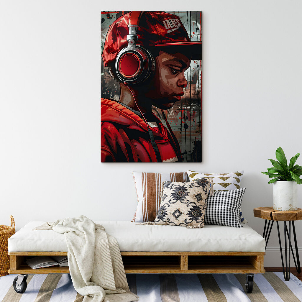 A boy wearing headphones and red hat