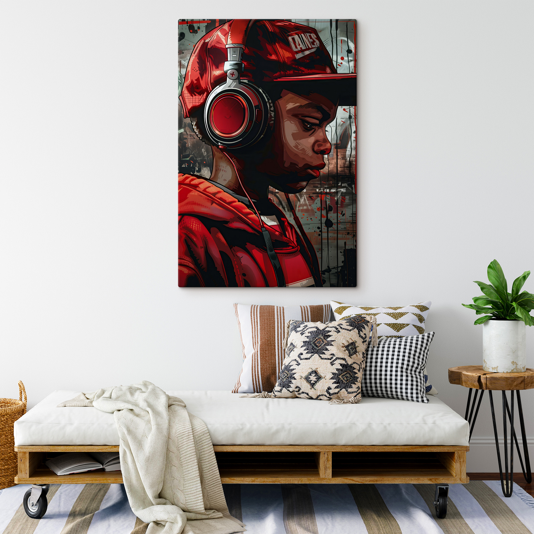 A boy wearing headphones and red hat
