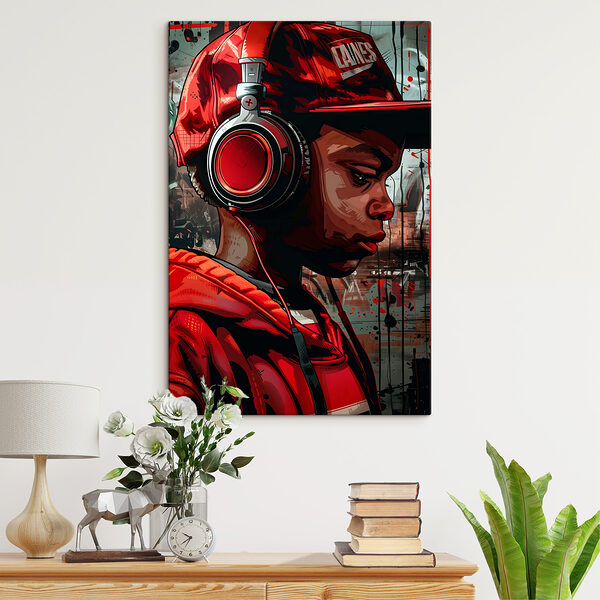 A boy wearing headphones and red hat