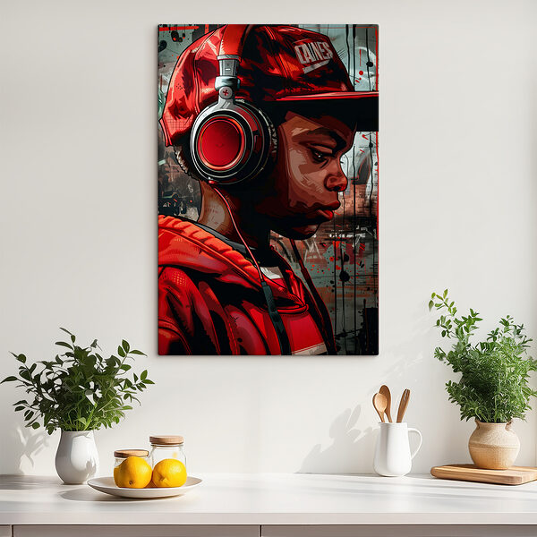 A boy wearing headphones and red hat
