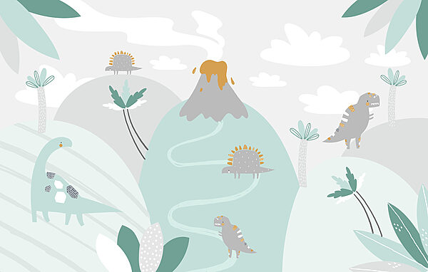 Un dinosaurio de dibujos animados con un volcán y plantas Un dinosaurio de dibujos animados con un volcán y plantas