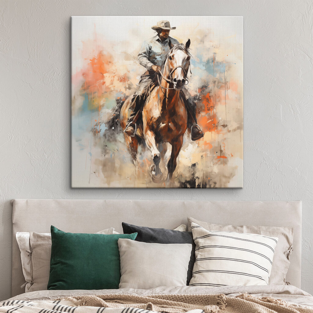 A painting of a man riding a horse