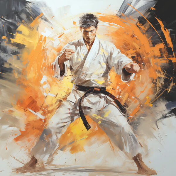A man in a white kimono with orange splashes