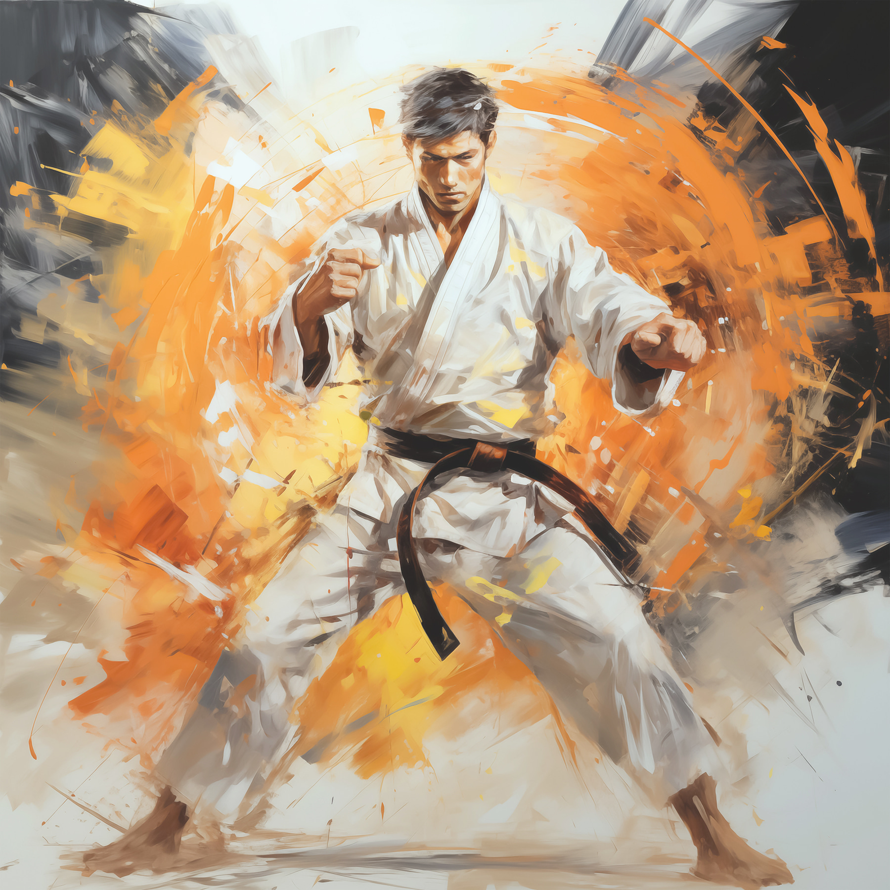 A man in a white kimono with orange splashes