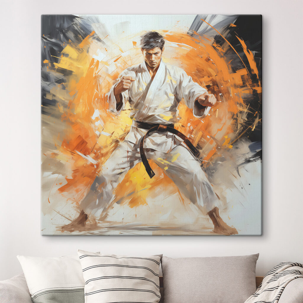 A man in a white kimono with orange splashes