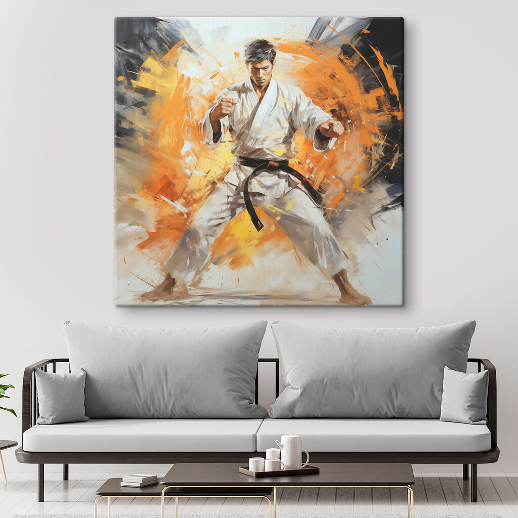 A man in a white kimono with orange splashes