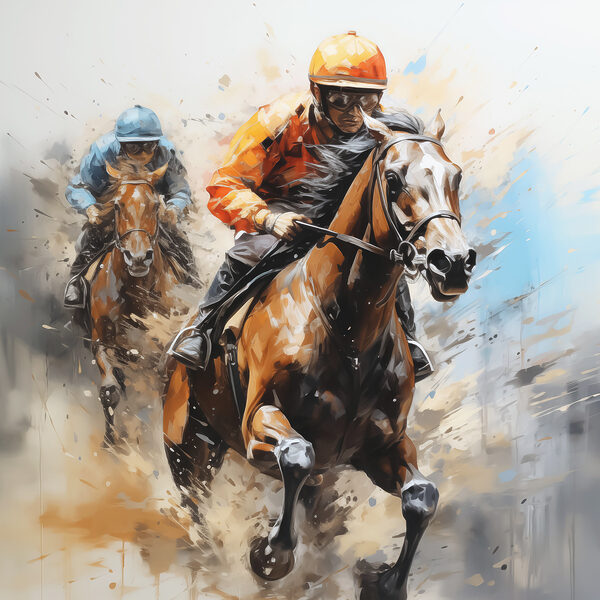 A painting of two people riding horses A painting of two people riding horses