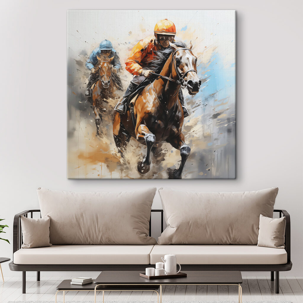 A painting of two people riding horses A painting of two people riding horses