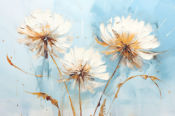 A painting of flowers on a blue background