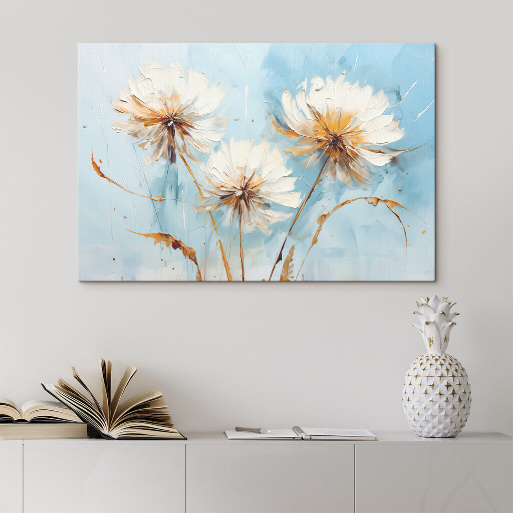 A painting of flowers on a blue background