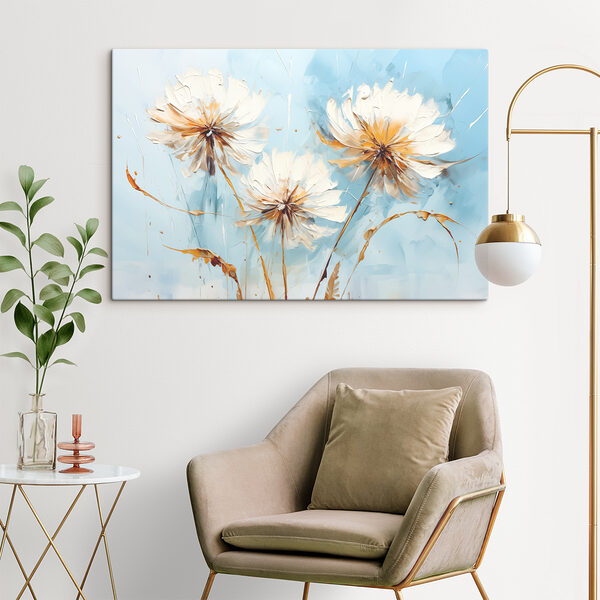 A painting of flowers on a blue background
