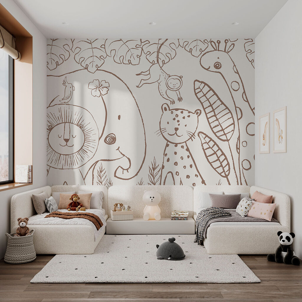 A drawing of animals and plants