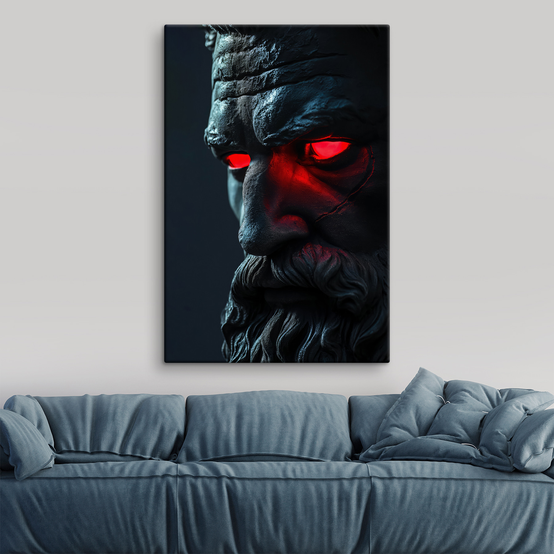 A statue of a man with red eyes