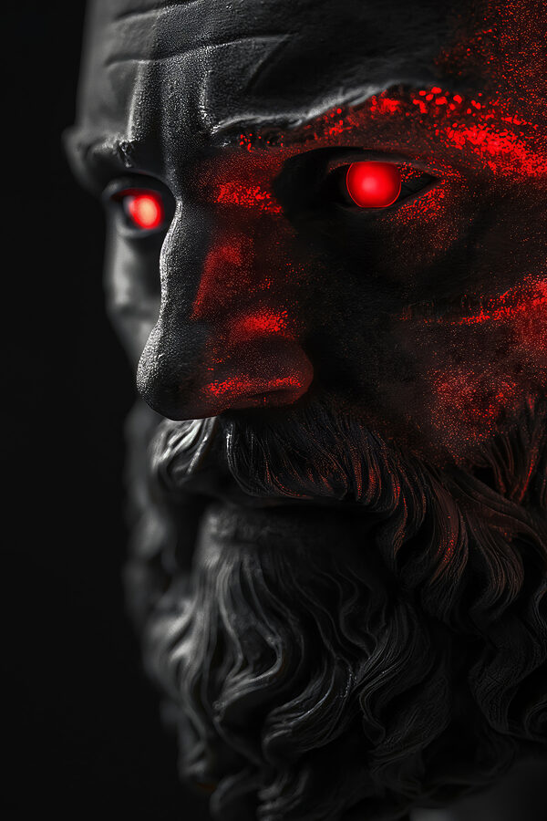 A statue of a man with red eyes