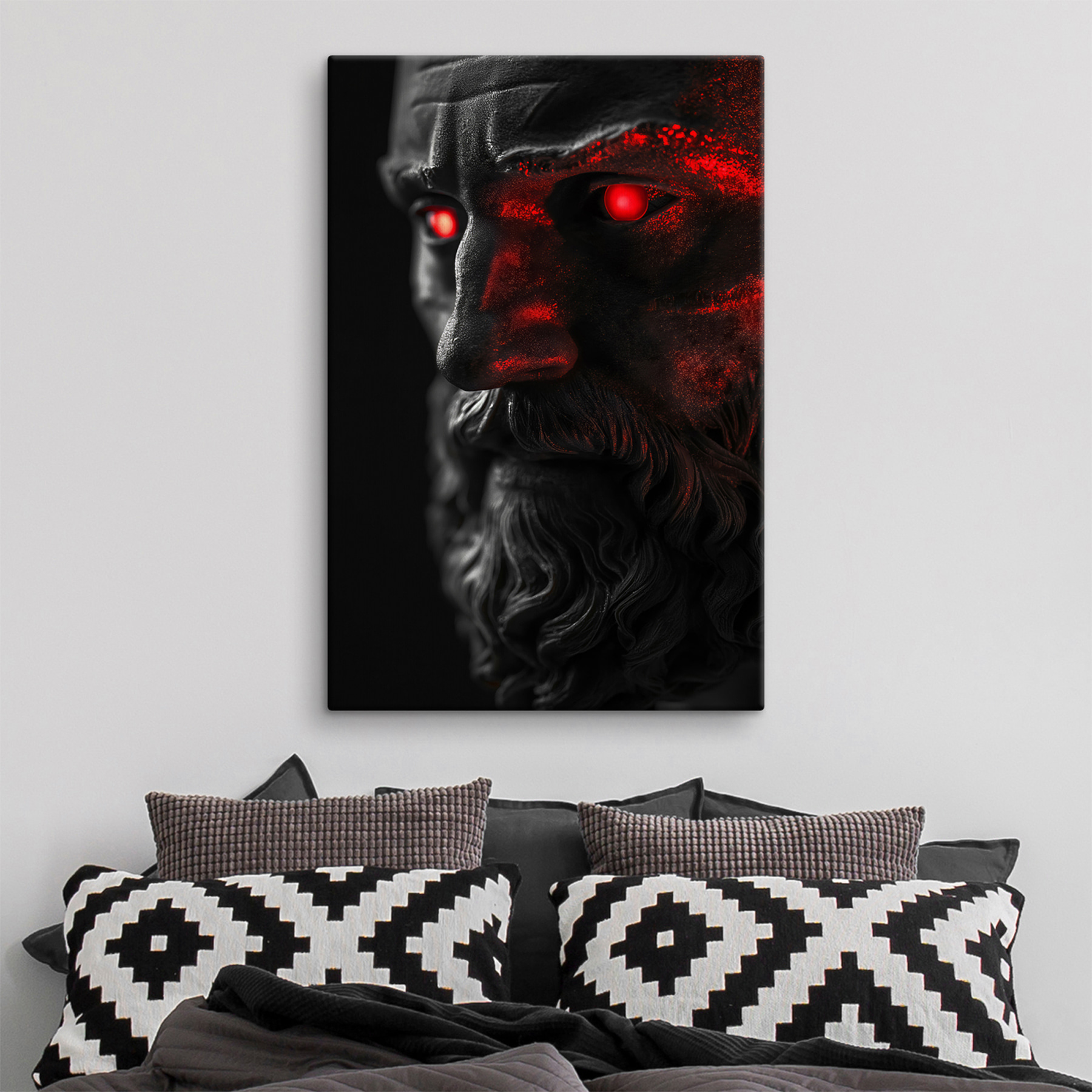 A statue of a man with red eyes