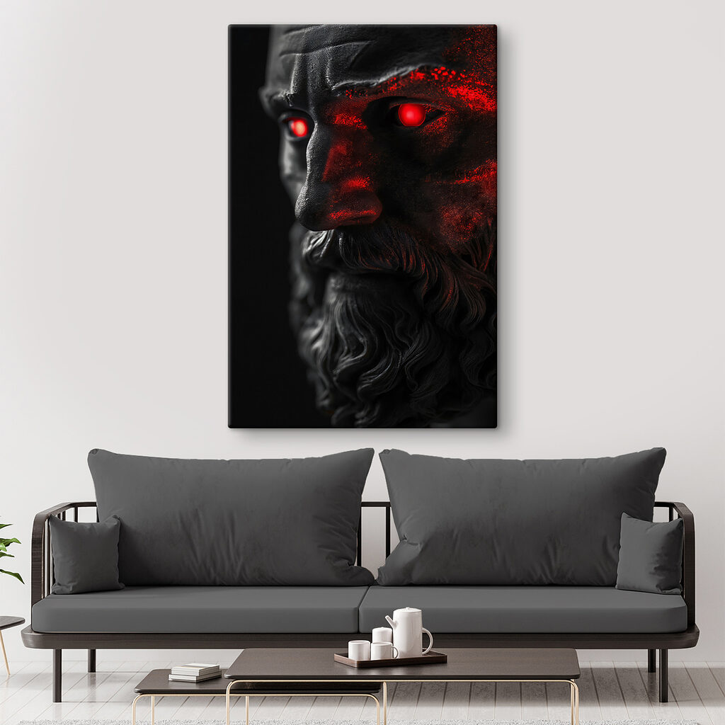 A statue of a man with red eyes