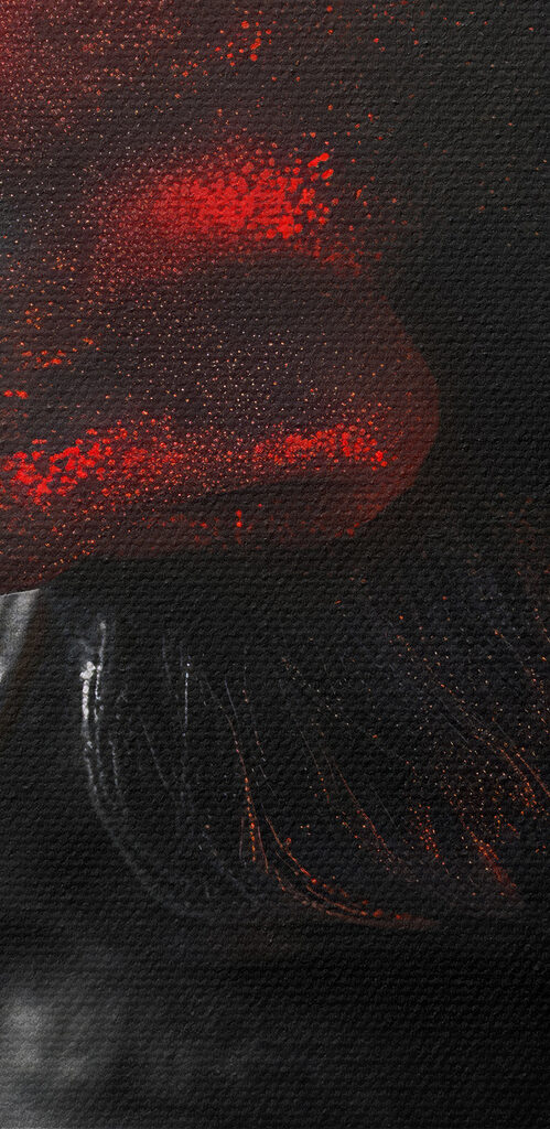 A statue of a man with red eyes