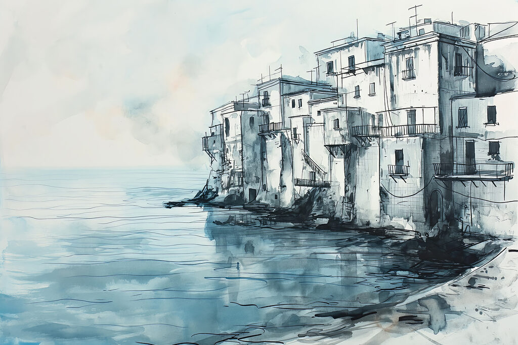 A watercolor of a building next to a body of water