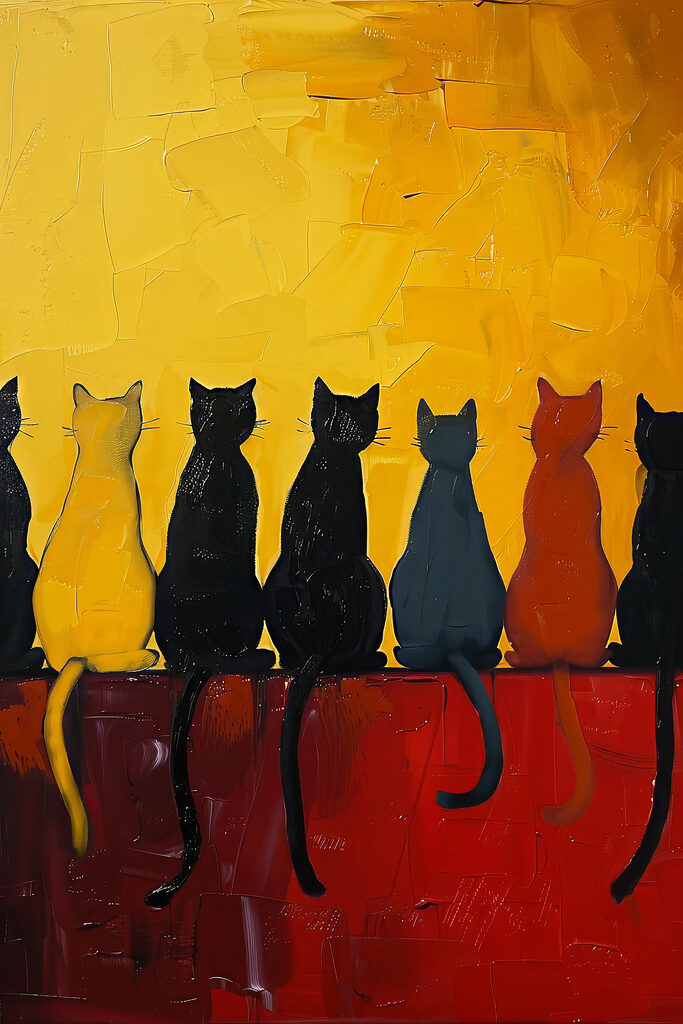 A group of cats sitting on a red surface A group of cats sitting on a red surface