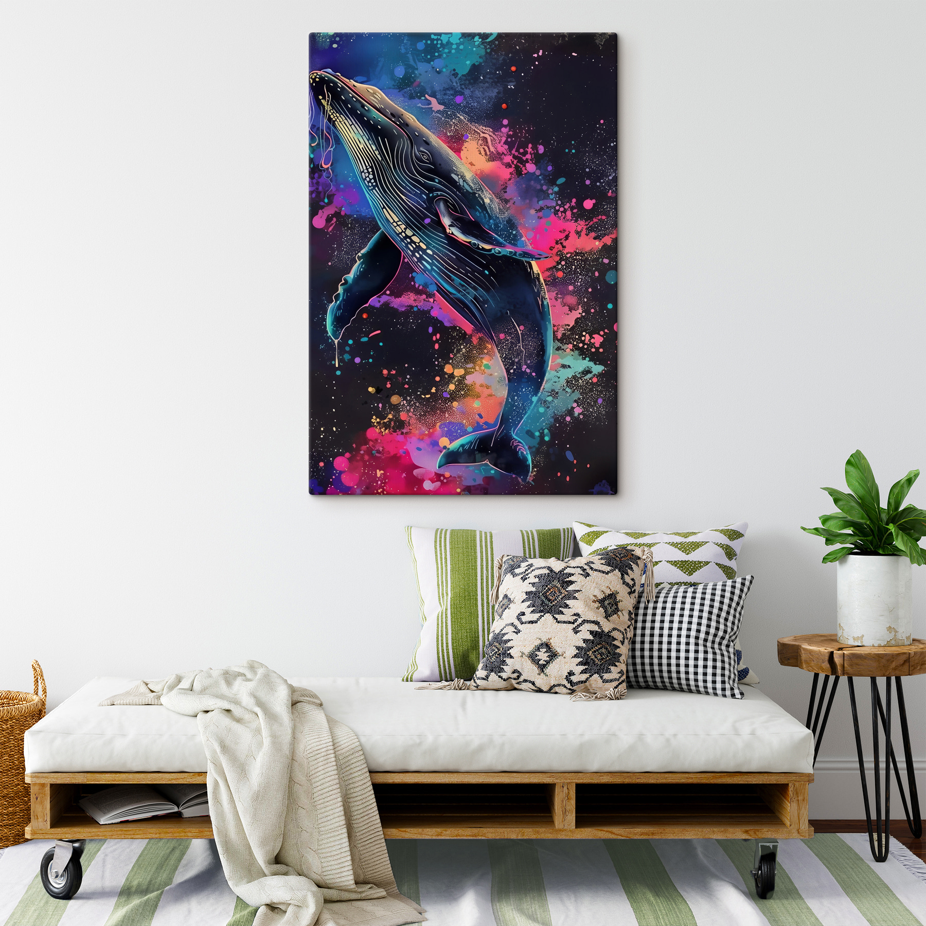 A whale with colorful splashes