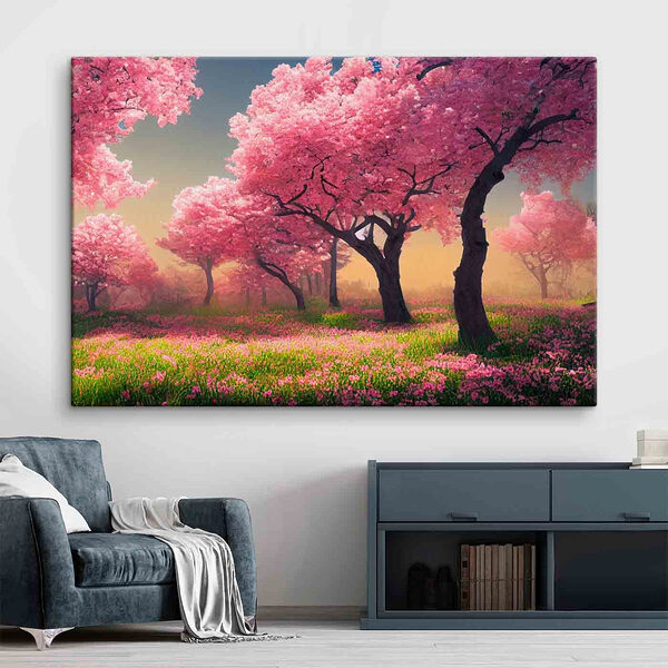A field of pink flowers with trees