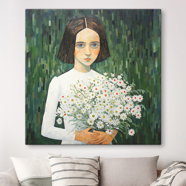 A painting of a girl holding flowers