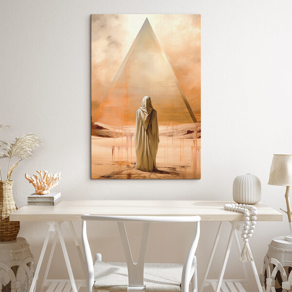 A person in a white robe standing in front of a pyramid