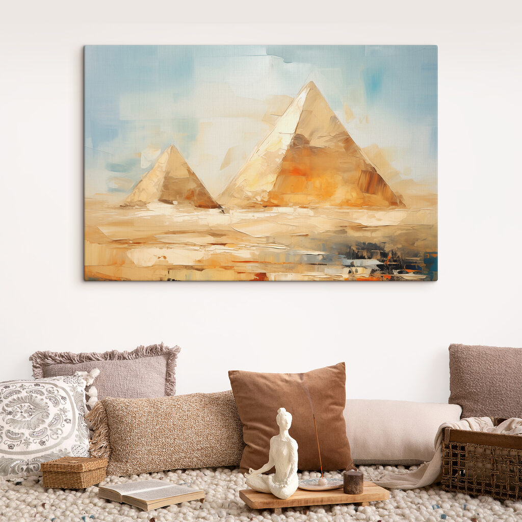 A painting of pyramids in the desert