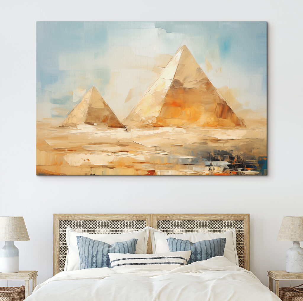 A painting of pyramids in the desert