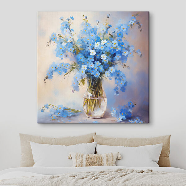 A painting of blue flowers in a vase A painting of blue flowers in a vase