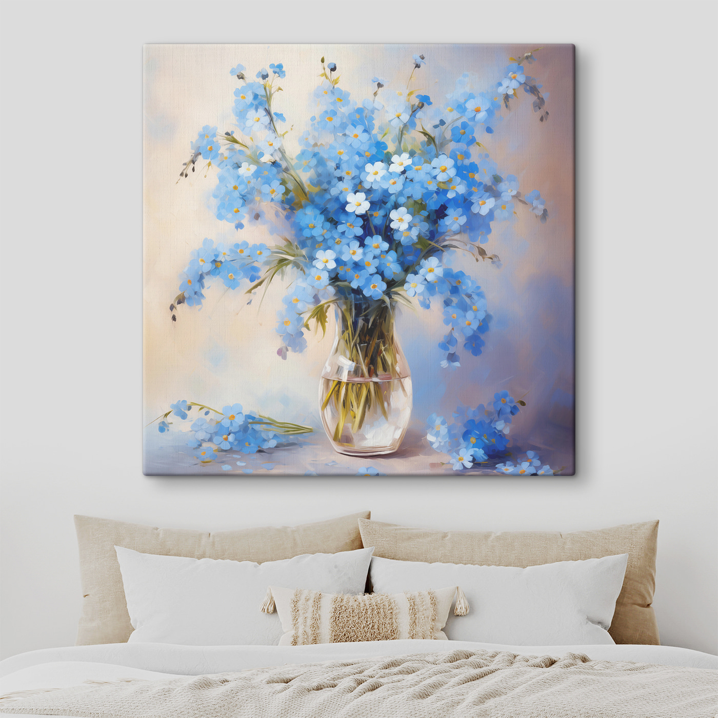 A painting of blue flowers in a vase A painting of blue flowers in a vase