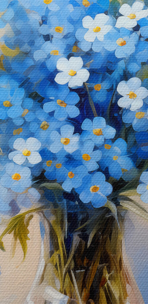 A painting of blue flowers in a vase A painting of blue flowers in a vase