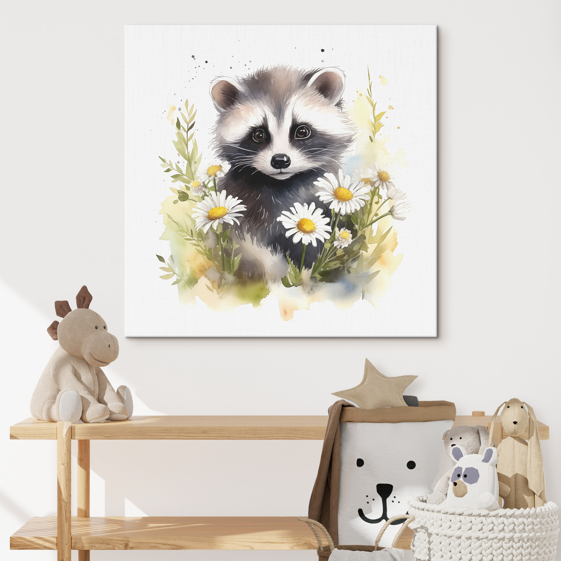 A raccoon with daisies