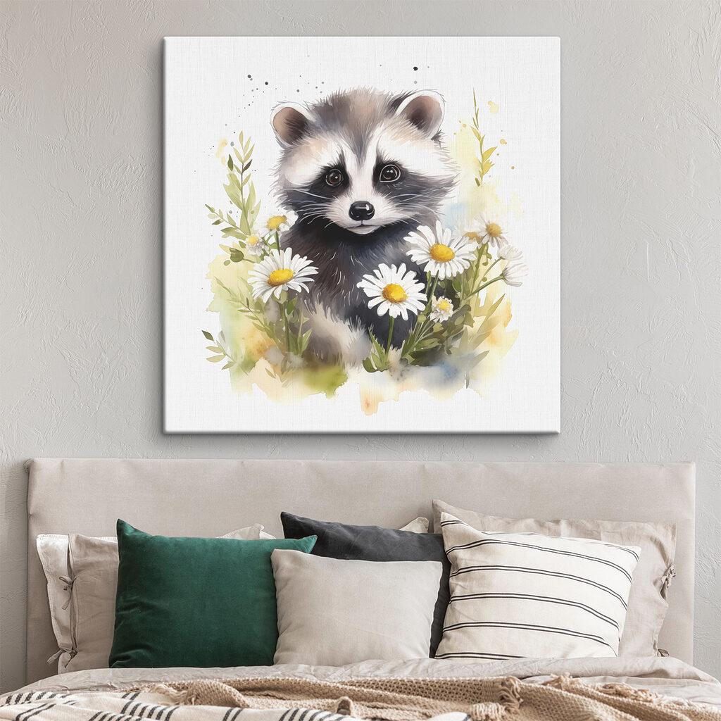 A raccoon with daisies