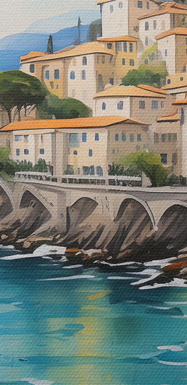 A painting of a town on a cliff by the water