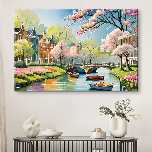 Cuadros Cuadros Un cuadro en el que se ve un río con barcas, un puente y árboles (SKU: s39301)