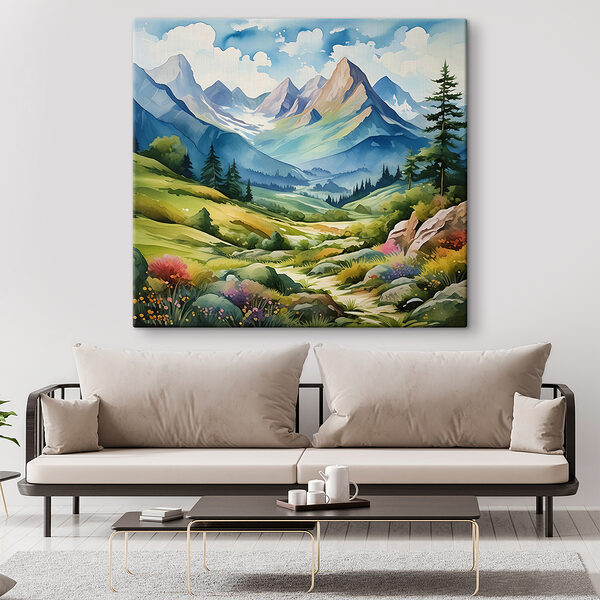 A painting of a landscape with mountains and trees