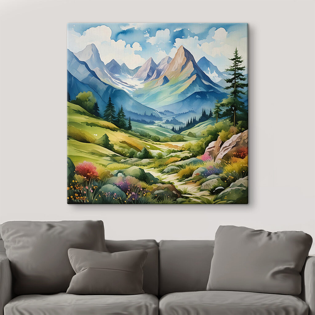 A painting of a landscape with mountains and trees