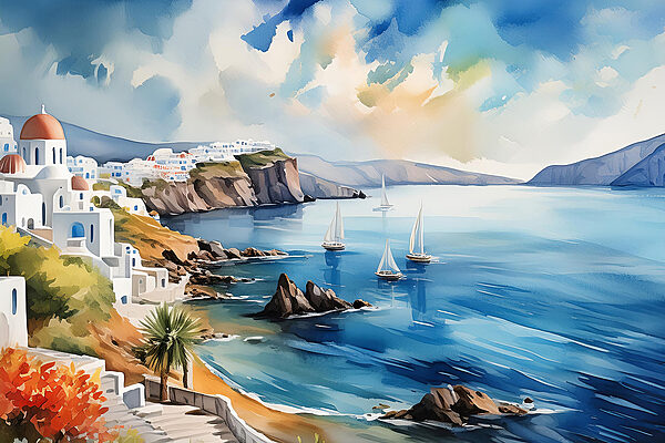 A watercolor painting of a town on a cliff